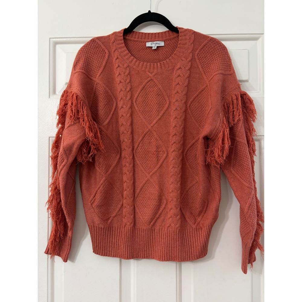 Polagram | Fringe Sleeve Textured Knit Sweater | M || Coral|